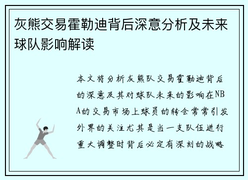 灰熊交易霍勒迪背后深意分析及未来球队影响解读 灰熊交易霍勒迪背后深意分析及未来球队影响解读
