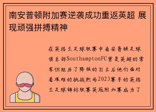 南安普顿附加赛逆袭成功重返英超 展现顽强拼搏精神